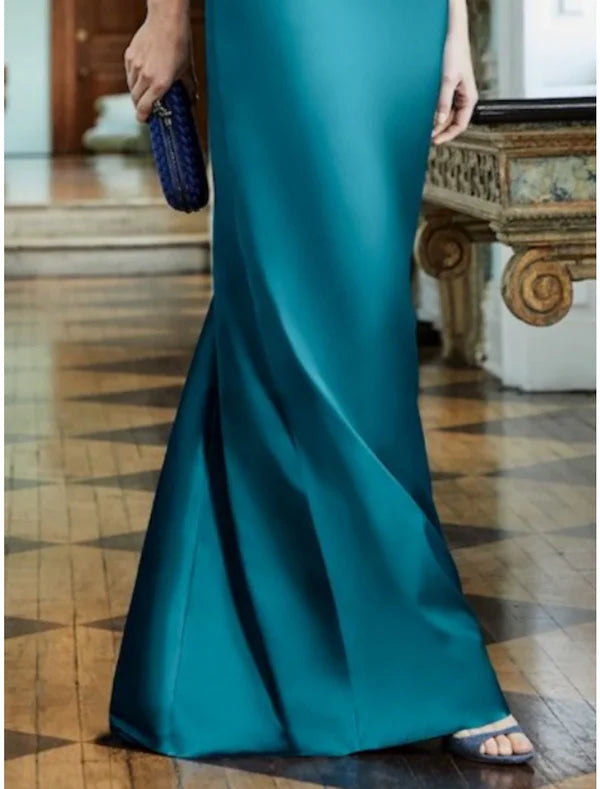 Sheath / Column Mother of the Bride Dress Wedding Guest Elegant Party Off Shoulder Floor Length Satin Short Sleeve with Ruching Solid Color