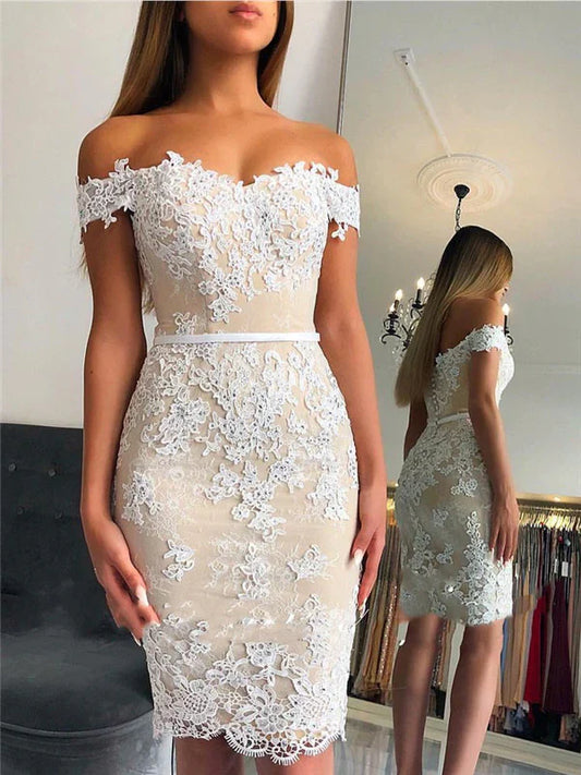 Elegant Sheath Off-Shoulder Short Prom Dress with Appliques Lovely Homecoming Dress Charming Birthday Party Dress
