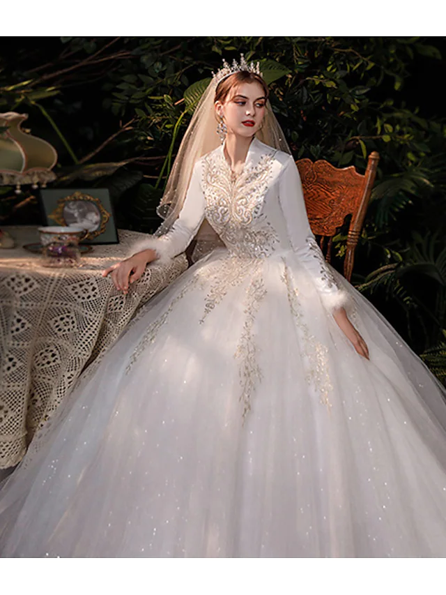 Princess Ball Gown Wedding Dresses V Neck Floor Length Lace Tulle Long Sleeve Romantic Sparkle & Shine