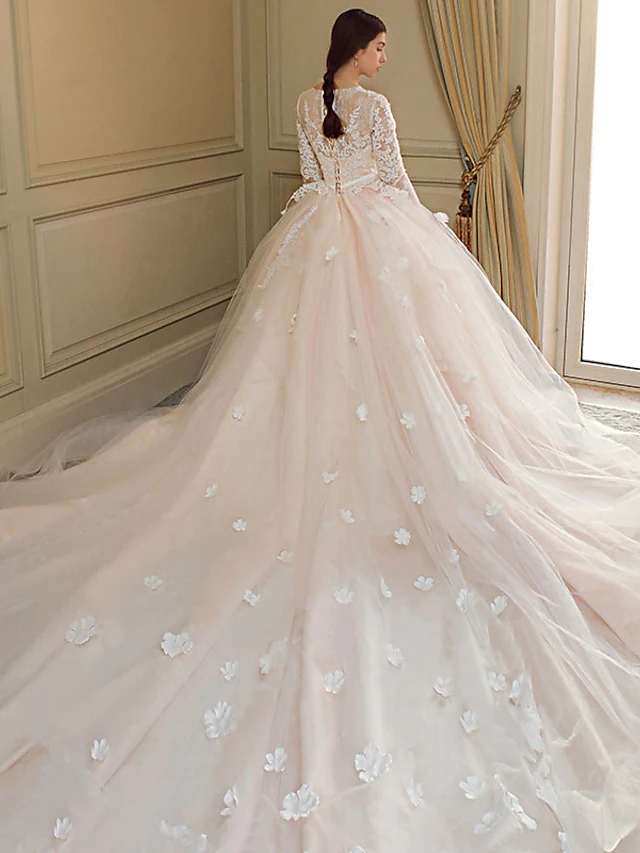 Princess Ball Gown Wedding Dresses Jewel Neck Chapel Train Lace Tulle Long Sleeve Formal Romantic Luxurious with Bow(s)