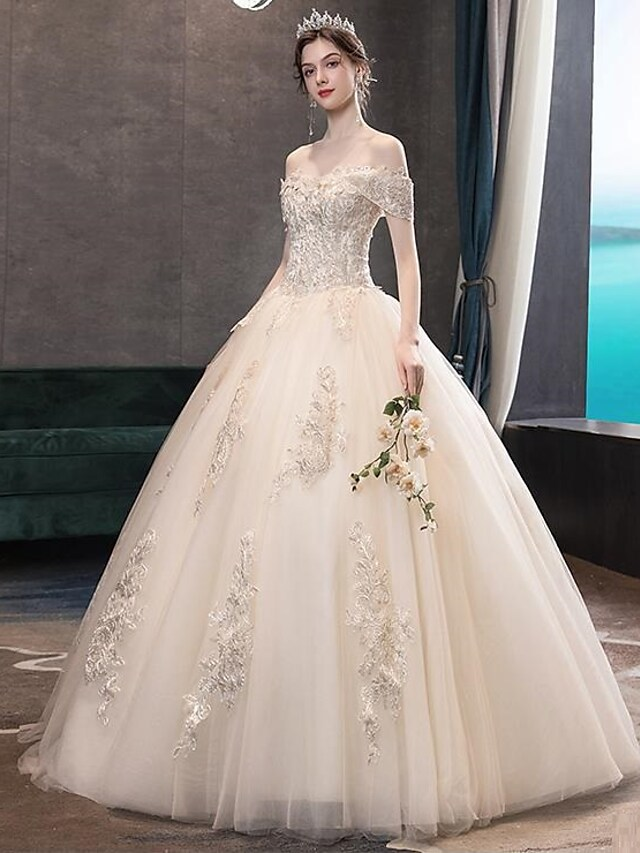 Princess Ball Gown Wedding Dresses Off Shoulder Floor Length Lace Tulle Sequined Short Sleeve Formal Romantic Luxurious Sparkle & Shine with Pleats