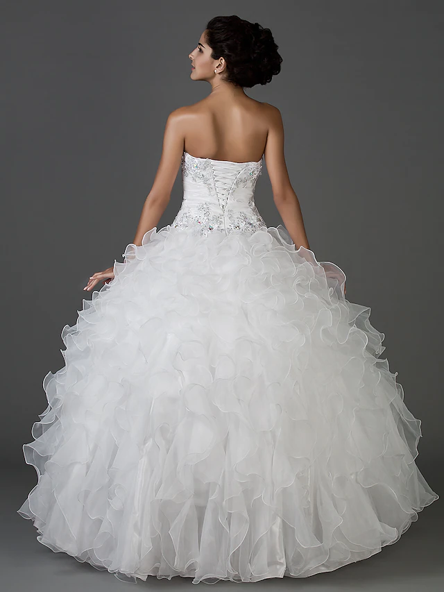 Ball Gown Wedding Dresses Sweetheart Neckline Strapless Floor Length Organza Taffeta Sleeveless Sparkle