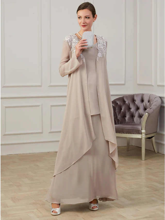 A-Line Mother of the Bride Dress Elegant Jewel Neck Floor Length Polyester Long Sleeve