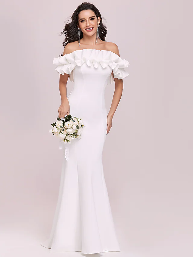 Wedding Dresses Spaghetti Strap Off Shoulder Stretch Fabric Cap Sleeve Romantic Elegant