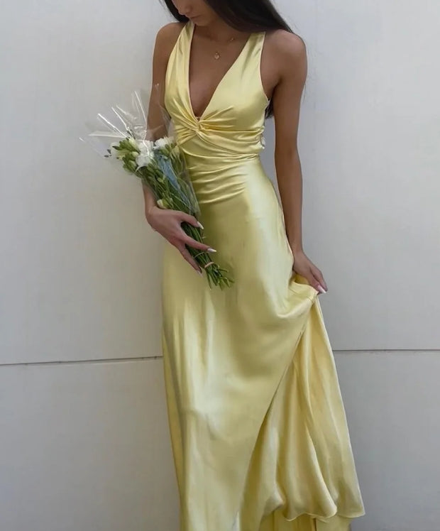 Xiaopinwu Elegant V Neck Halter Vintage Prom Dress Sexy Party Dress Yellow Evening Formal Dress