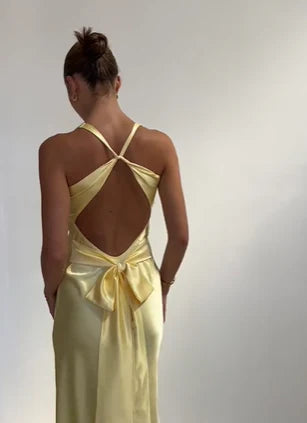 Xiaopinwu Elegant V Neck Halter Vintage Prom Dress Sexy Party Dress Yellow Evening Formal Dress