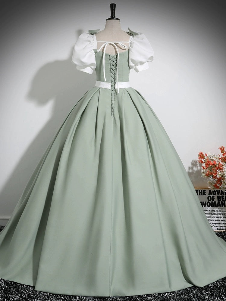 A-Line Puff Sleeves Satin Green Long Prom Dress Formal Dress Evening Dress With Bow(s)