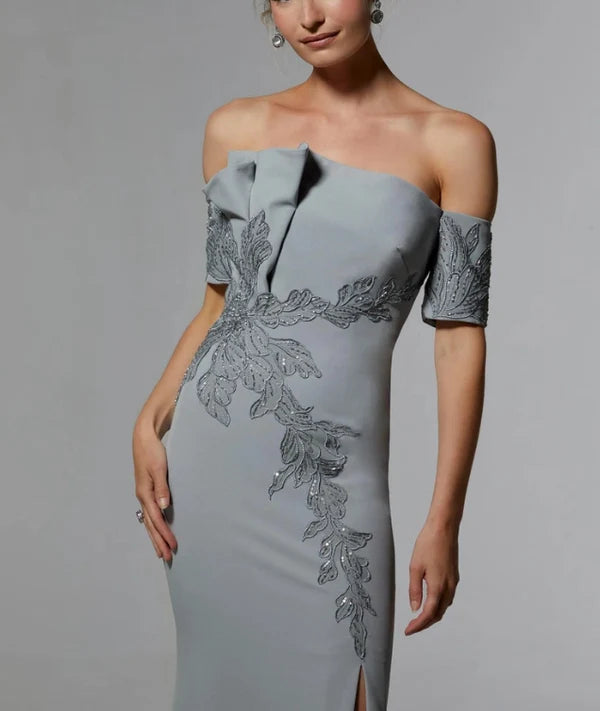 Mermaid Off Shoulder Floor-length Wedding Guest Dresses Sequins Beaded Mother of the Bride Dress With Slit Elegant