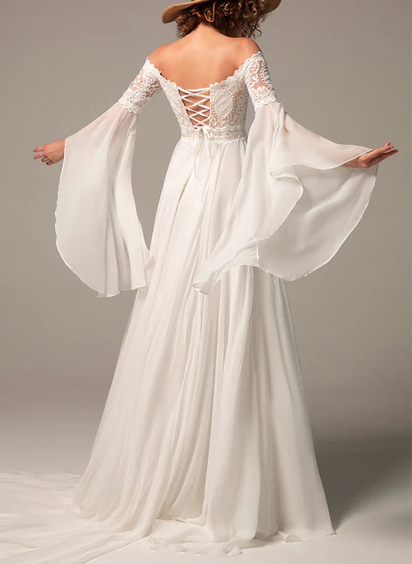 Off-The-Shoulder A-Line Wedding Dress With Long Sleeves In Chiffon/Lace Floor Length Elegant