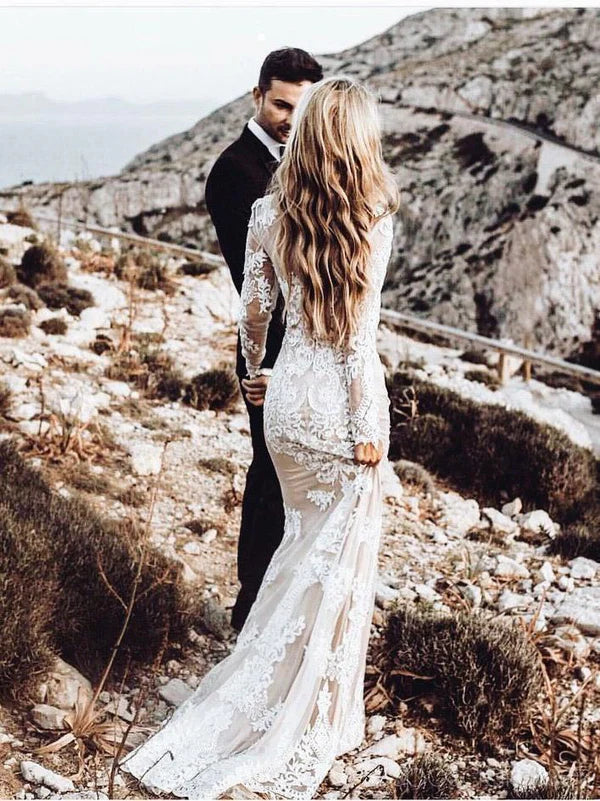 Delicate Lace Appliqued Mermaid Wedding Dresses With Long Sleeves Elegant