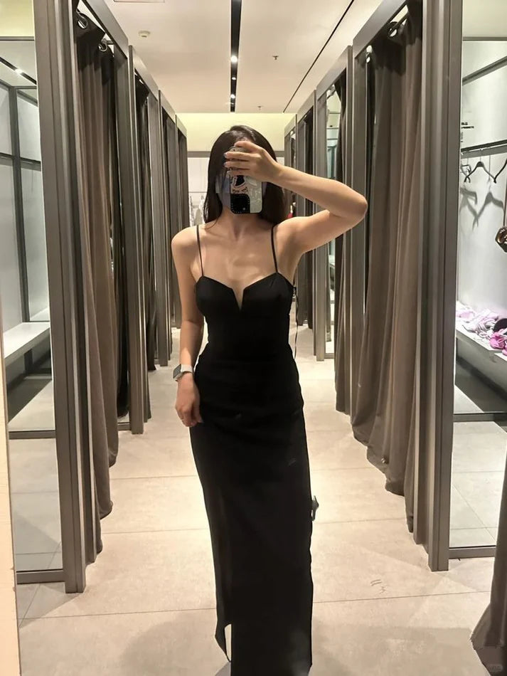 Xiaopinwu Black Simple Formal Dress Elegant Evening Party Dress With Slit