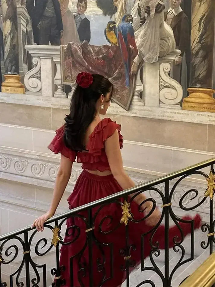 Burgundy A-Line Chiffon Ruffles Lovely Party Dress Birthday Outfits Charming Formal Dress