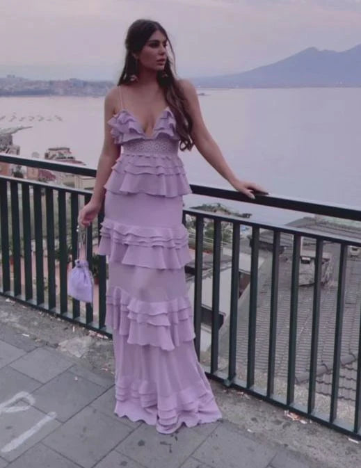 Xiaopinwu Lilac V Neck Long Prom Dress Evening Gown Party Dress Charming Formal Dress