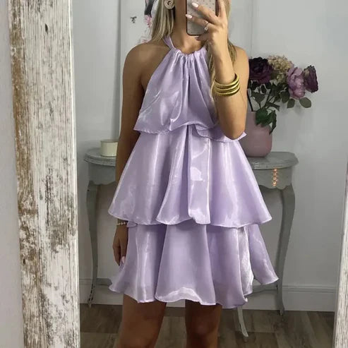 Light Blue Halter Layered Short Party Dress Homecoming Dress Simple Formal Dress