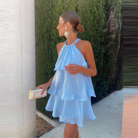 Light Blue Halter Layered Short Party Dress Homecoming Dress Simple Formal Dress