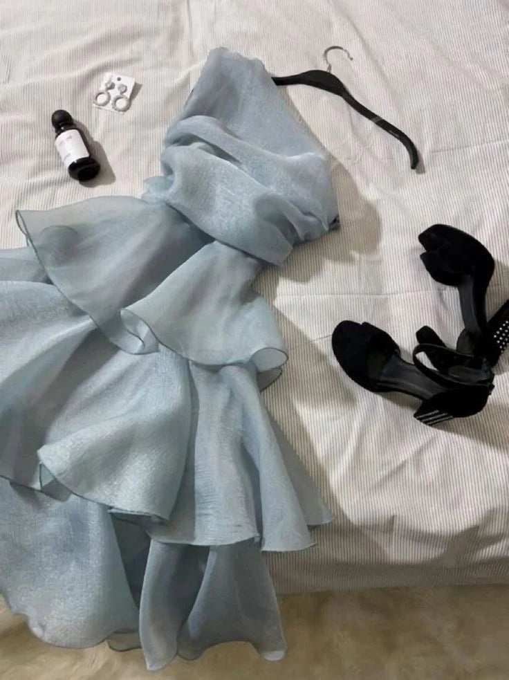 Dusty Blue One Shoulder Layered Chiffon Short Party Dress Homecoming Dress Cocktail Dress