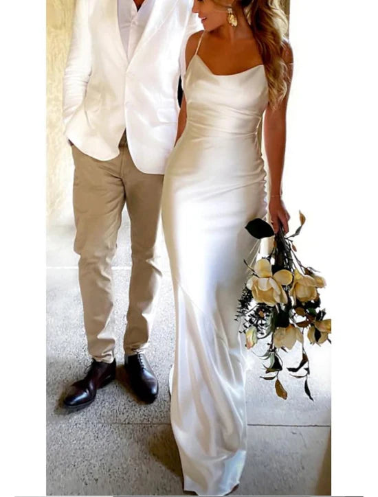 Open Back Casual Wedding Dresses Sleeveless Square Neck Strap Charmeuse Ruched Simple Formal Dress