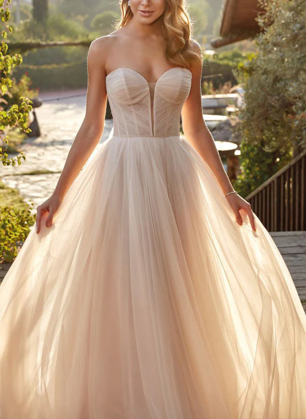 Sweetheart Sweep Train Tulle Ball-Gown Wedding Dresses Off Shoulder Floor Length Elegant