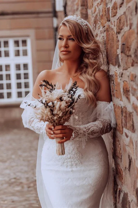 Bubble Sleeve Sweetheart Mermaid Wedding Dress With Lace Off Shoulder Floor Length