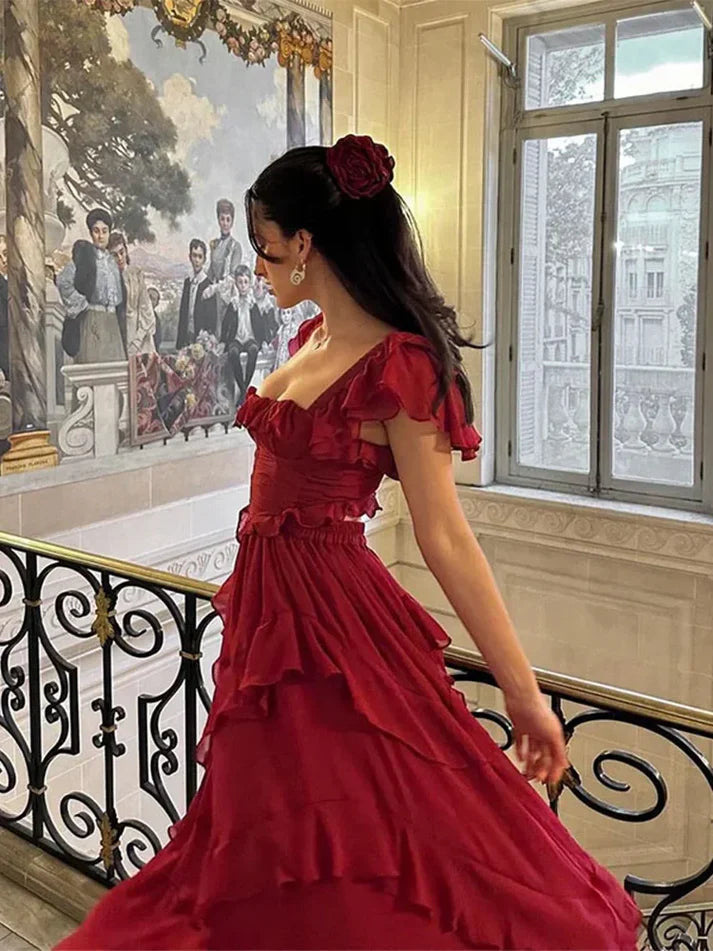 Burgundy A-Line Chiffon Ruffles Lovely Party Dress Birthday Outfits Charming Formal Dress