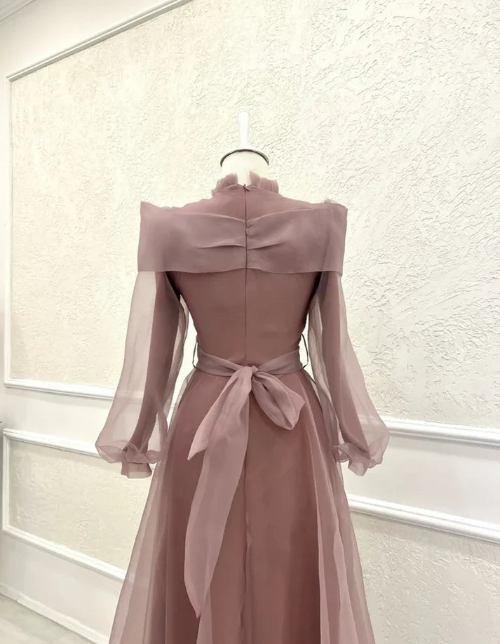 Modest Dusty Purple Chiffon Long Sleeves A-Line Formal Party Dress Elegant Evening Dress
