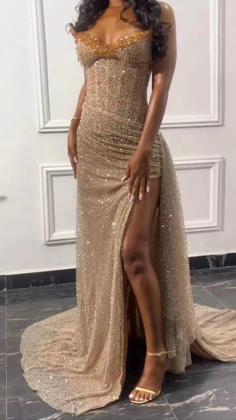 Xiaopinwu Sexy Formal Wear Dress Champagne Sequin Long Prom Dress Charming Evening Party Gown With Slit