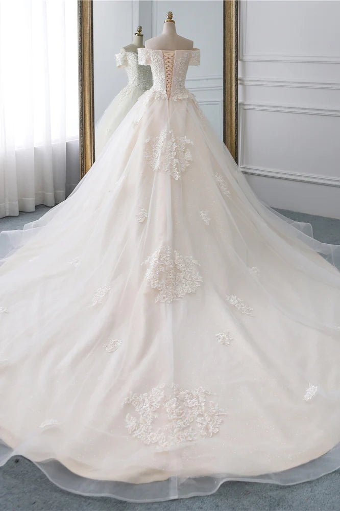 Princess Off The Shoulder Tulle Wedding Dress With Lace Appliques Elegant Beautiful
