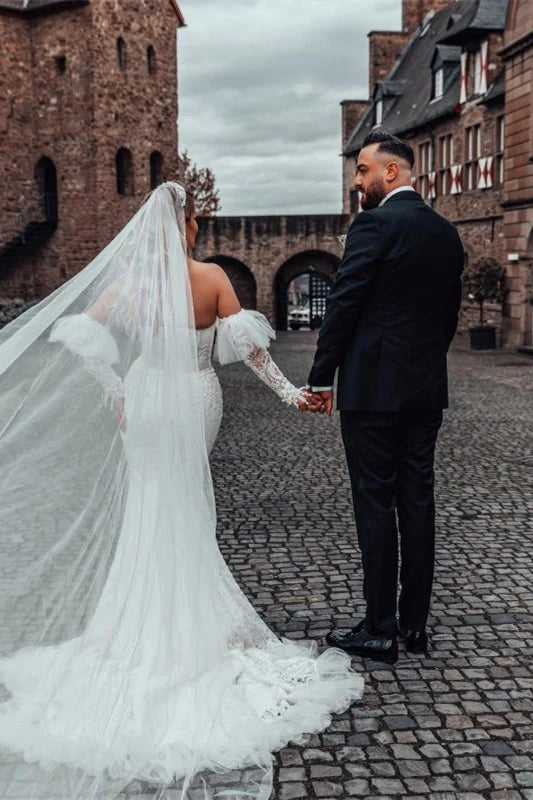 Bubble Sleeve Sweetheart Mermaid Wedding Dress With Lace Off Shoulder Floor Length