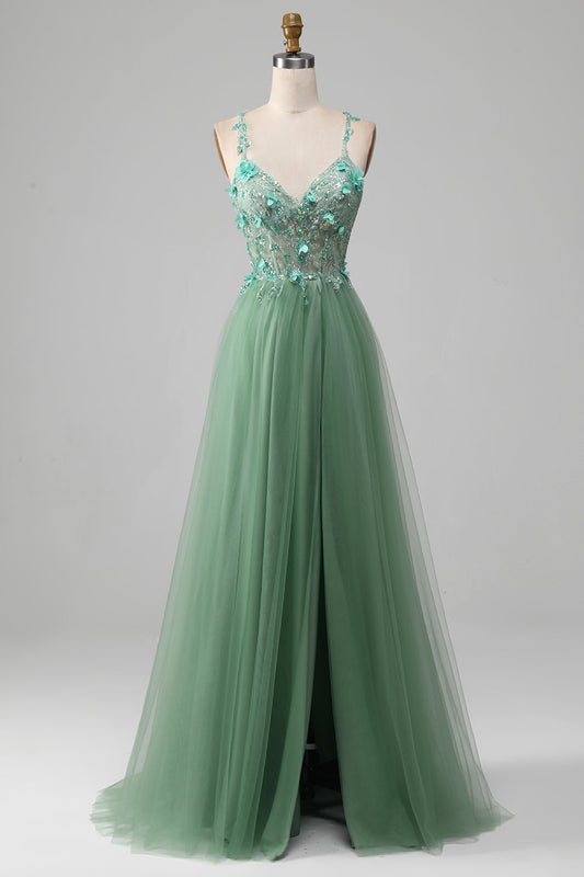 Sparkly Green A-Line Spaghetti Straps Corset Prom Dress With Appliques Beautiful With Slit