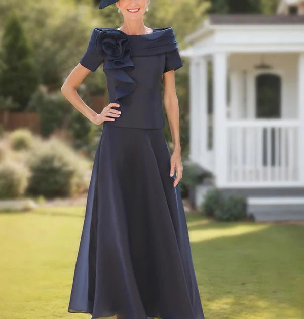 A-Line Ankle Length Organza with Ruffles Flower Mother of the Bride Dress Off Shoulder Wedding Guest Dress Elegant