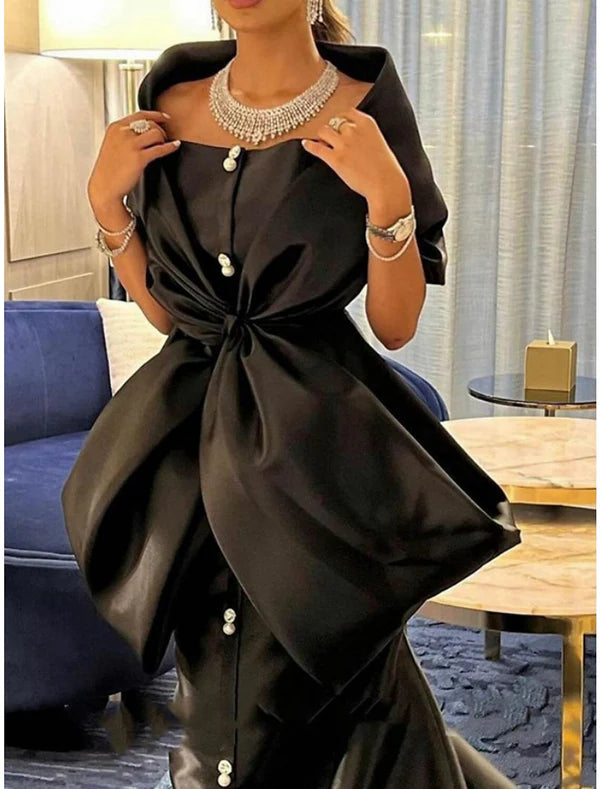 Mermaid / Trumpet Evening Gown Elegant Dress Formal Court Train Half Sleeve Off Shoulder Satin with Bow(s)