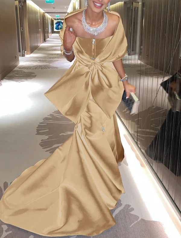 Mermaid / Trumpet Evening Gown Elegant Dress Formal Court Train Half Sleeve Off Shoulder Satin with Bow(s)