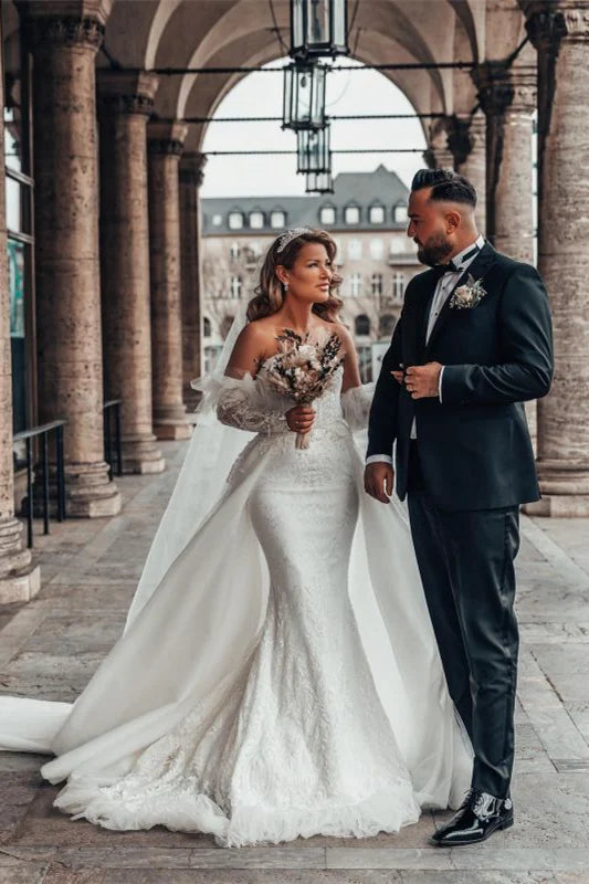 Bubble Sleeve Sweetheart Mermaid Wedding Dress With Lace Off Shoulder Floor Length