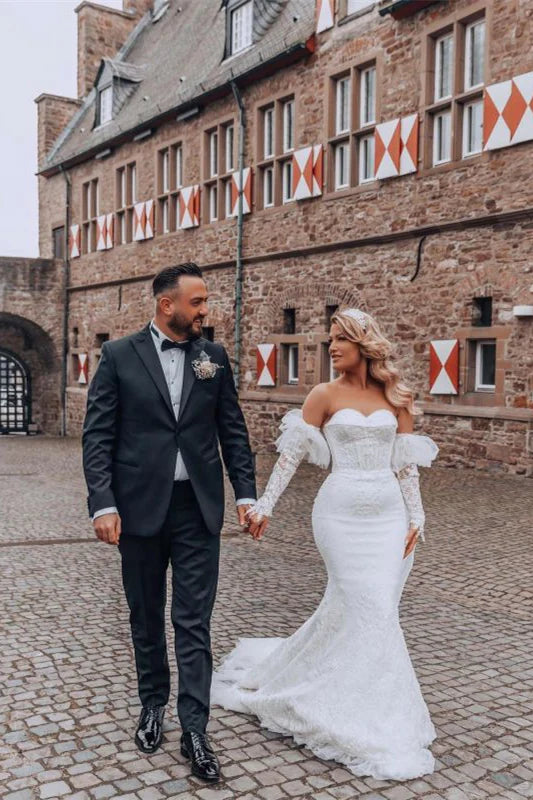 Bubble Sleeve Sweetheart Mermaid Wedding Dress With Lace Off Shoulder Floor Length