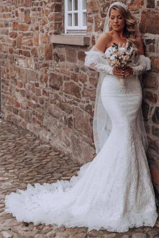Bubble Sleeve Sweetheart Mermaid Wedding Dress With Lace Off Shoulder Floor Length