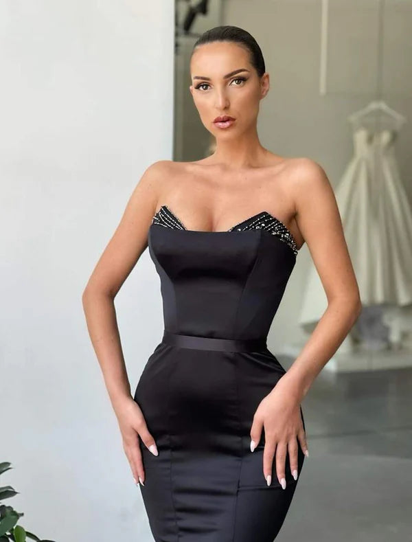 Mermaid / Trumpet Evening Gown Sexy Dress Formal Floor Length Sleeveless Strapless Satin Backless with Beading Off Shoulder