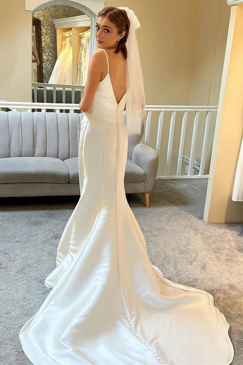 Ivory Spaghetti Strap Backless Mermaid Long Wedding Dress Sexy
