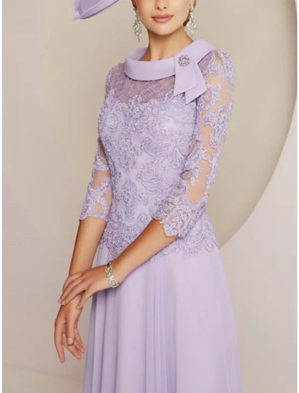 Sheath / Column Mother of the Bride Dress Wedding Guest Party Sweet Scoop Neck Tea Length Chiffon Lace 3/4 Length Sleeve with Pleats Beading Lilac