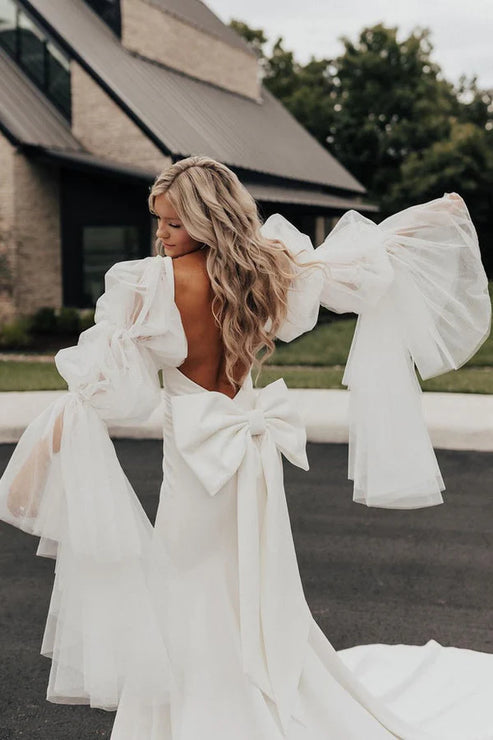 Fairy Mermaid Satin Long Wedding Dresses with Long Sleeves Fashion With Bow