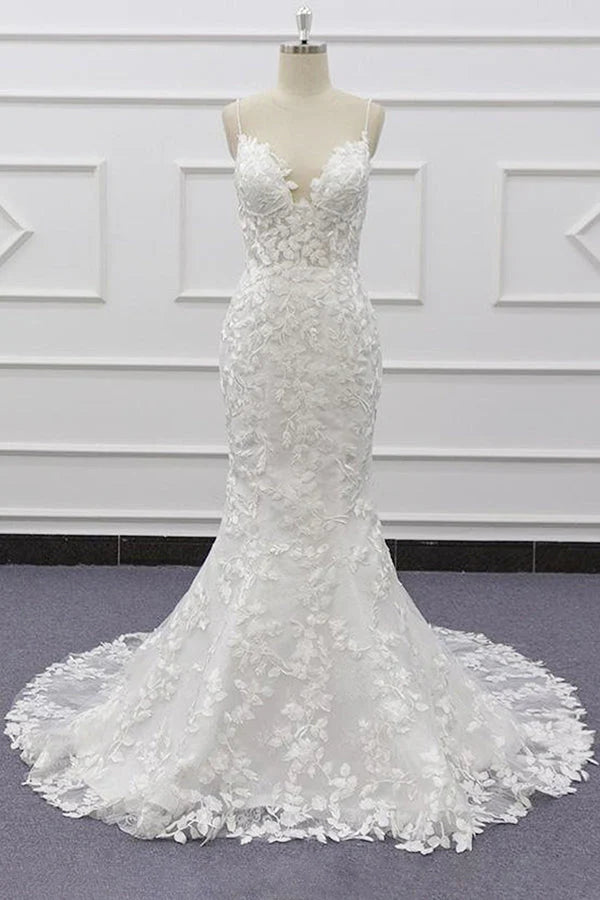 White Tulle Wedding Dress Lace Appliques Spaghetti Straps Mermaid Bridal Dress Open Back