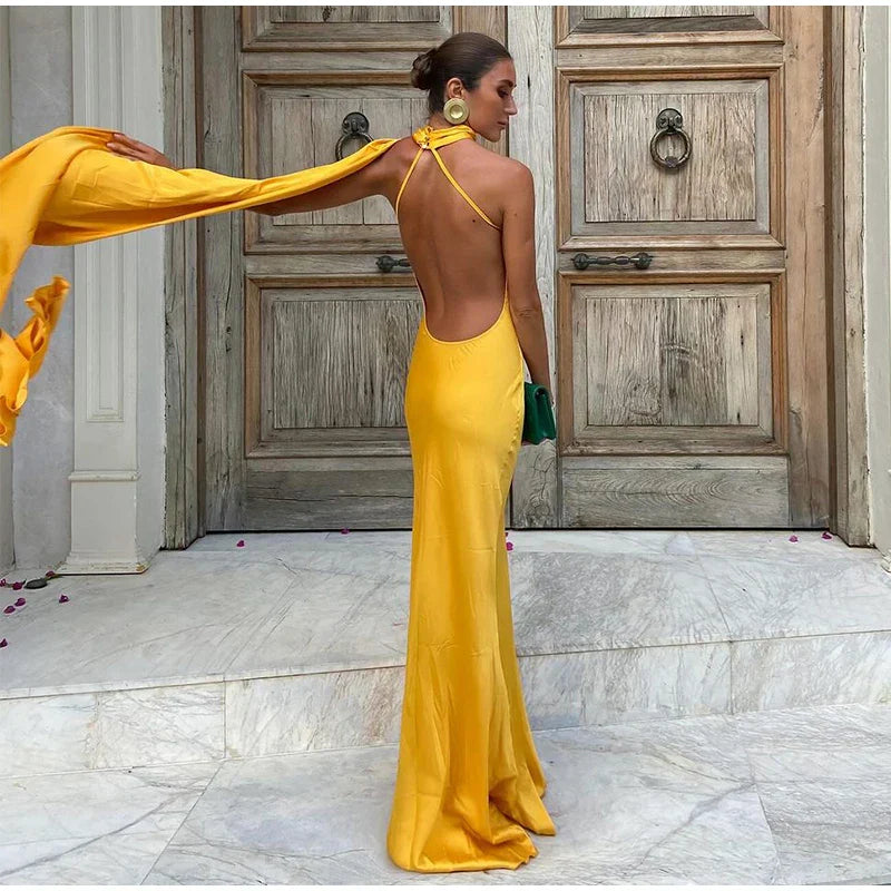 Yellow Halter Backless Mermaid Satin Long Formal Dress Evening Gown Elegant Party Dress