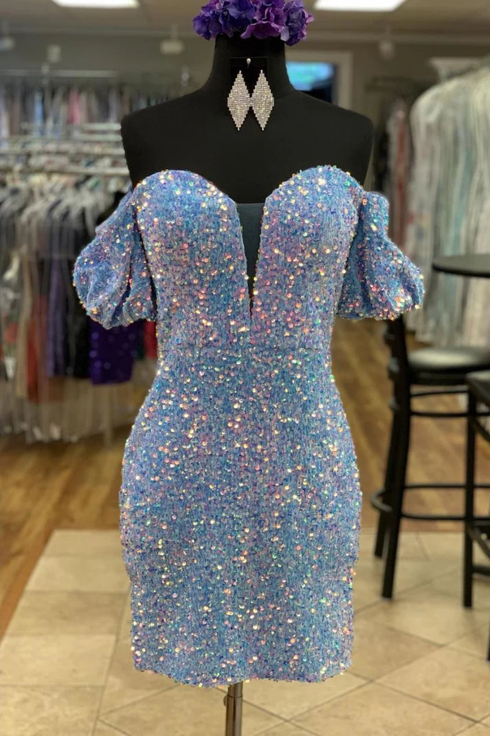 Sweetheart Off Shoulder Short Prom Dress Sparkly Sequins Homecoming Dress Charming Birthday Party Dress