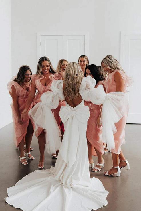 Fairy Mermaid Satin Long Wedding Dresses with Long Sleeves Fashion With Bow