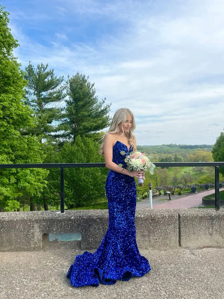 Royal Blue Sweetheart Sequins Mermaid Long Prom Dress Evening Gown Sparkly
