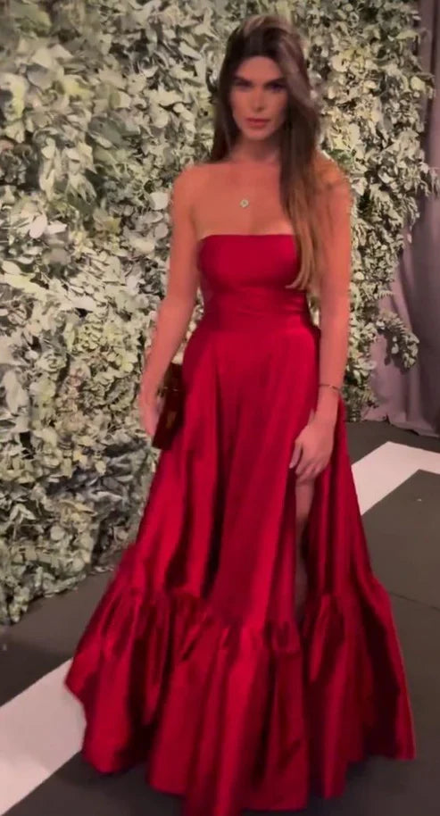 Elegant Red Strapless A-Line Satin Long Formal Party Dress Off Shoulder Evening Dress With Slit