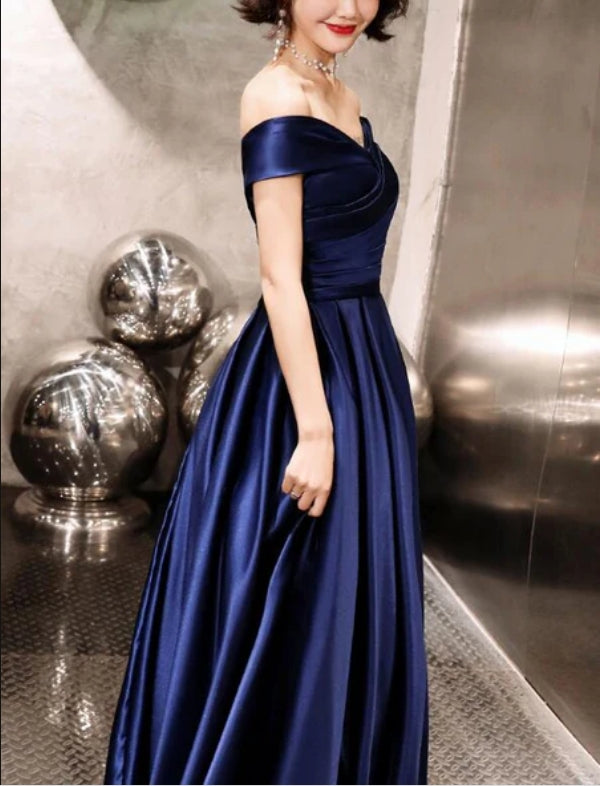 Blue Off Shoulder Prom Dress Satin Party Gown Prom Dress Elegant Evening Dress Formal Dress