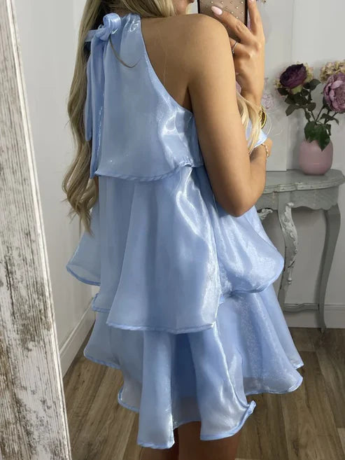 Light Blue Halter Layered Short Party Dress Homecoming Dress Simple Formal Dress