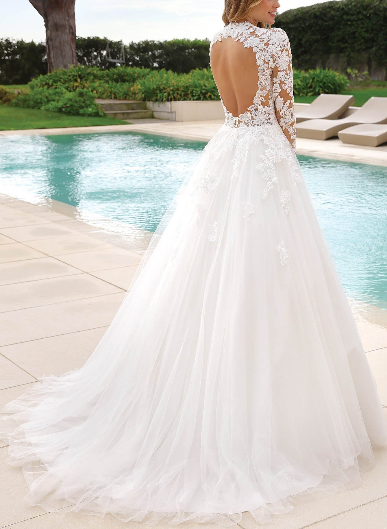 High Neck Lace Long Sleeves Ball-Gown Wedding Dresses A Line with Appliques