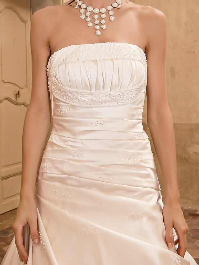 Princess A-Line Wedding Dresses Strapless Chapel Train Satin Sleeveless Long