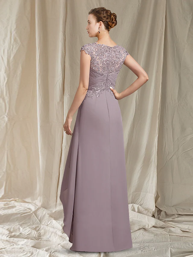 A-Line Mother of the Bride Dress Elegant Jewel Neck Asymmetrical Floor Length Chiffon Lace Short Sleeve